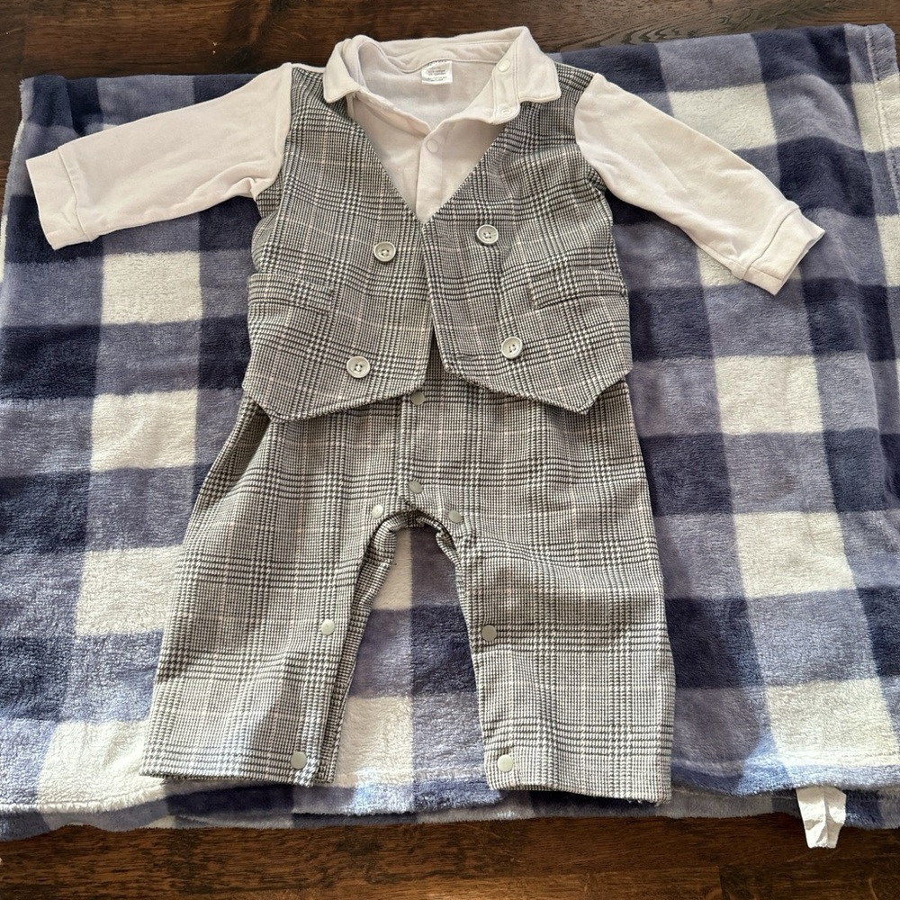 Gray Plaid Baby Vest and Pants Set